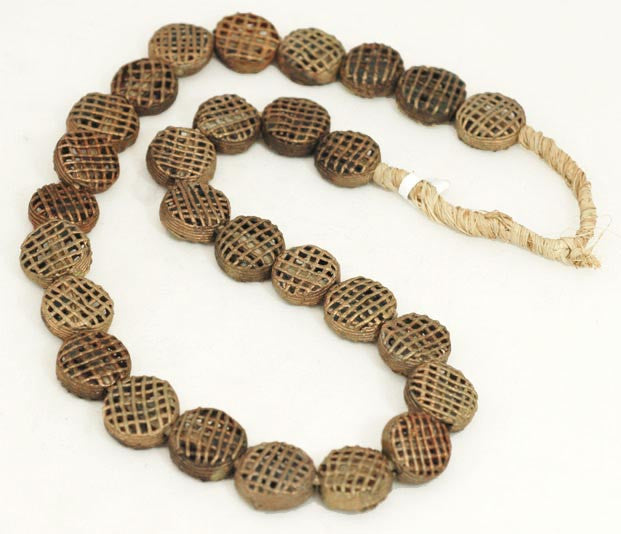 African Cross Hatch Circle Disc Raffia Brass Bead Strand BA-MA77