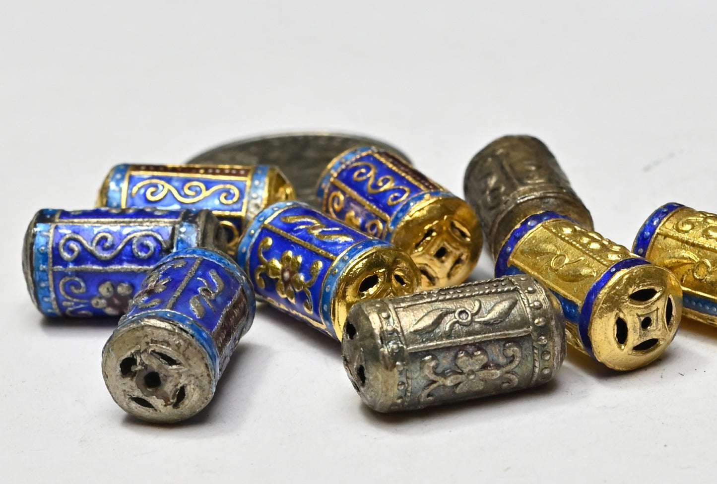 Bead Enamel Tube Gold or Silver Plated, Floral Motifs with Coin Design Cut Out 10x18mm