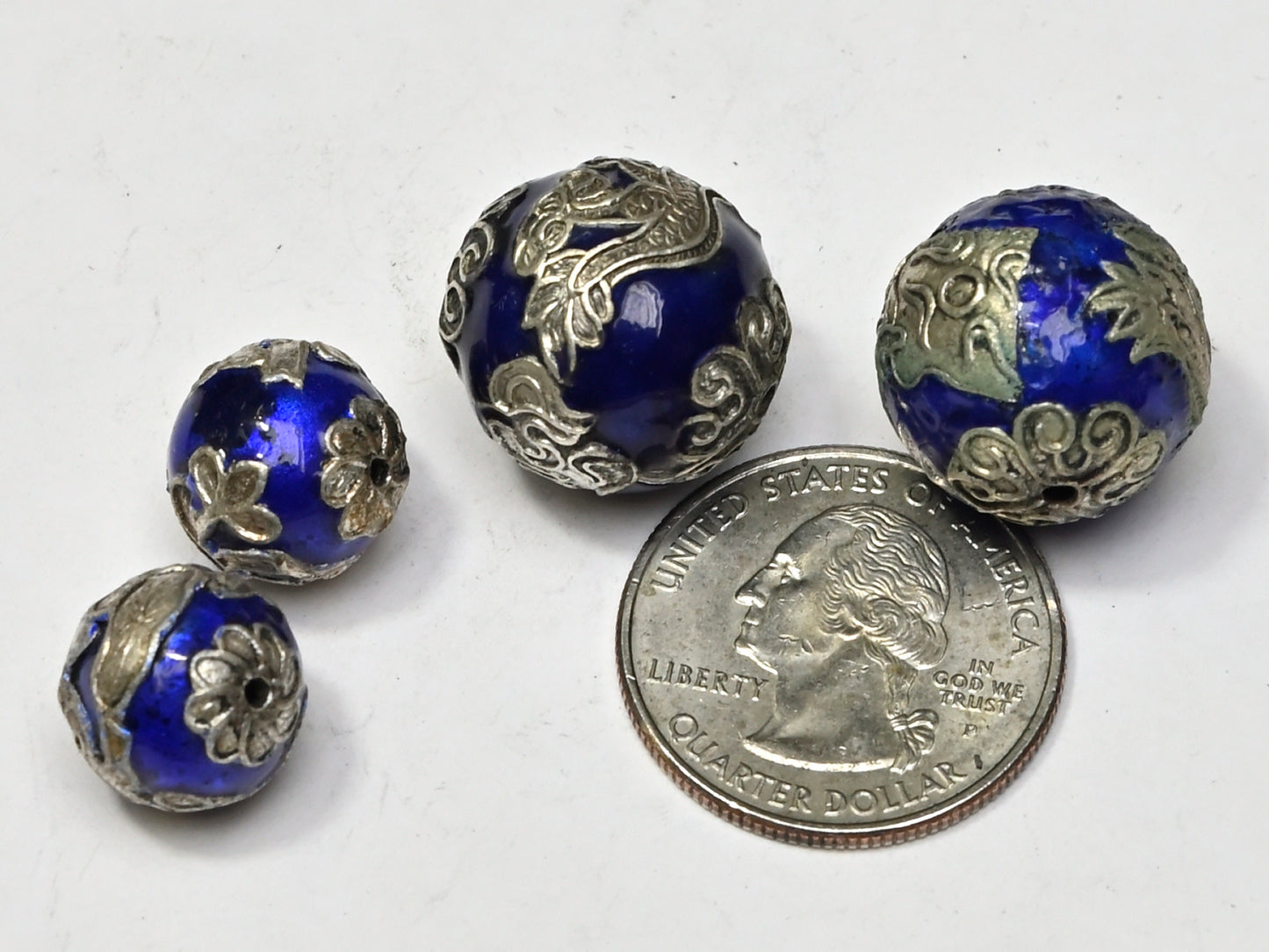 Bead Metal Blue Enamel Silver Plated Round Dragon