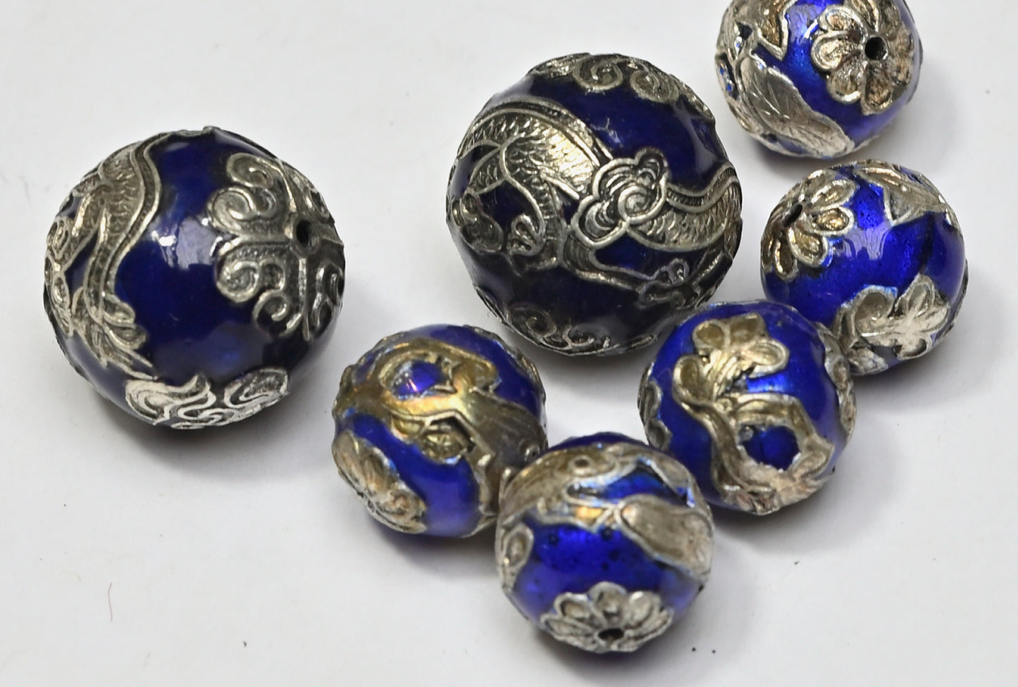 Bead Metal Blue Enamel Silver Plated Round Dragon