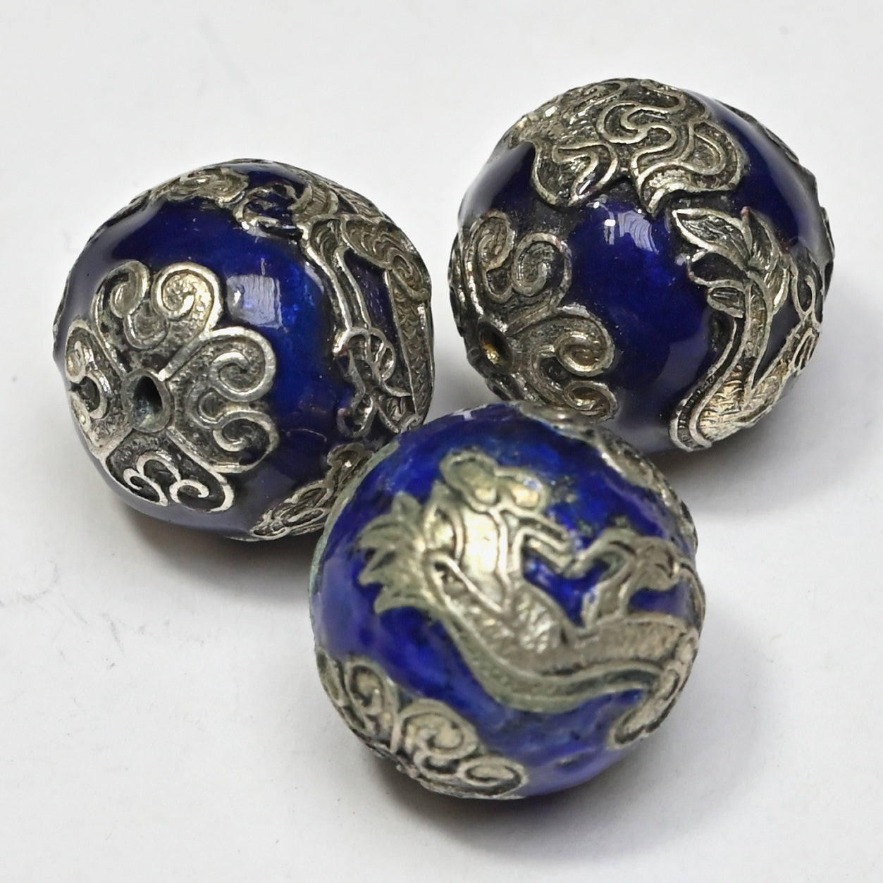 Bead Metal Blue Enamel Silver Plated Round Dragon