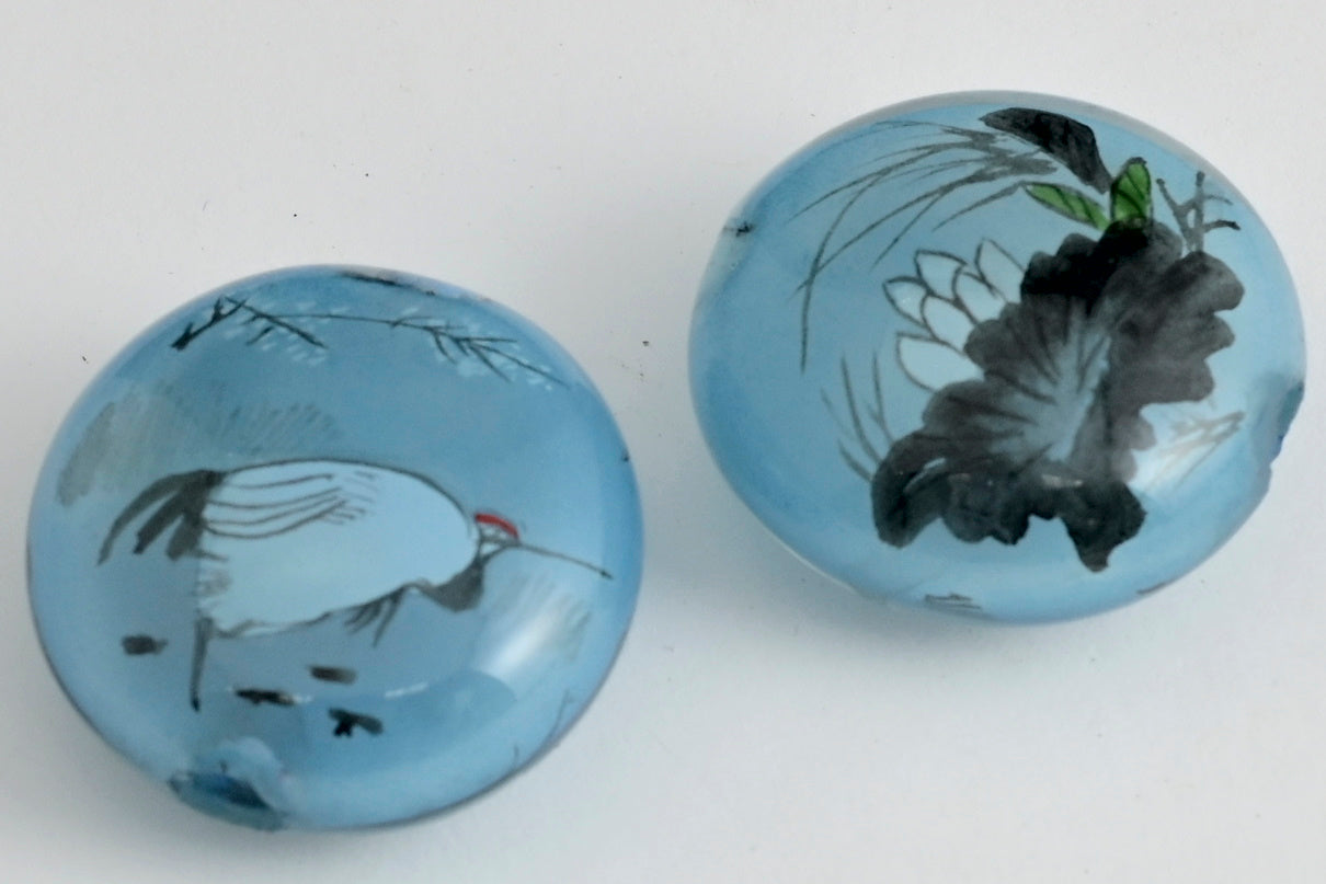 Bird Reverse Painted Glass Pancake Beads - 2 Colors