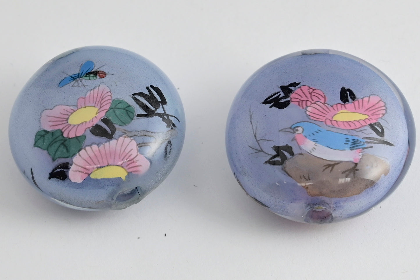 Bird and Flower Reverse Painted Glass pancake Beads 4 colors