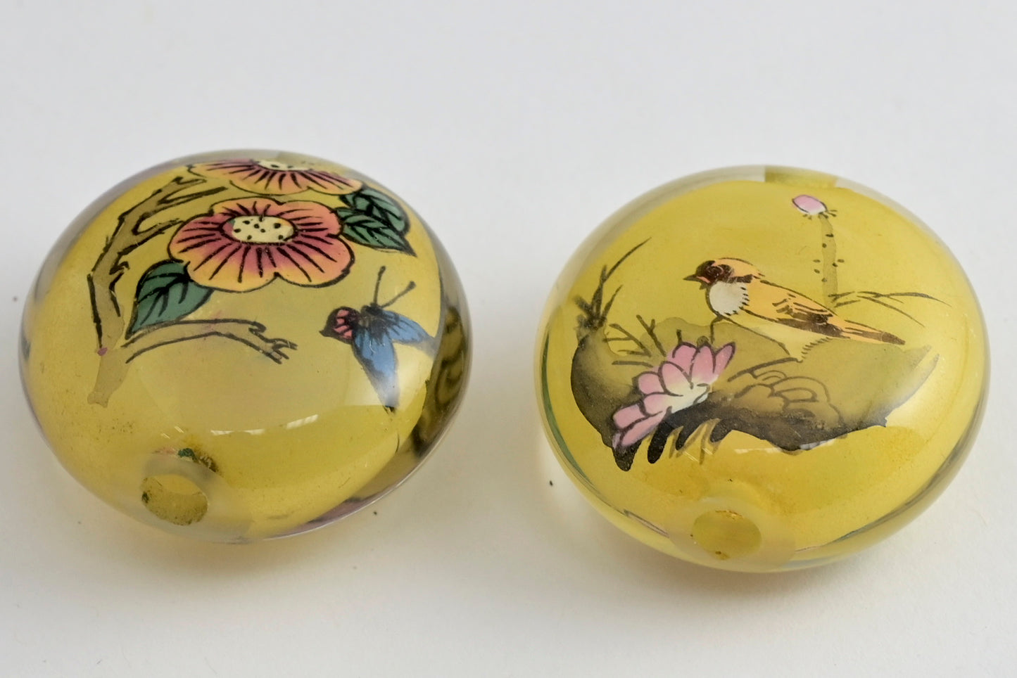 Bird and Flower Reverse Painted Glass pancake Beads 4 colors