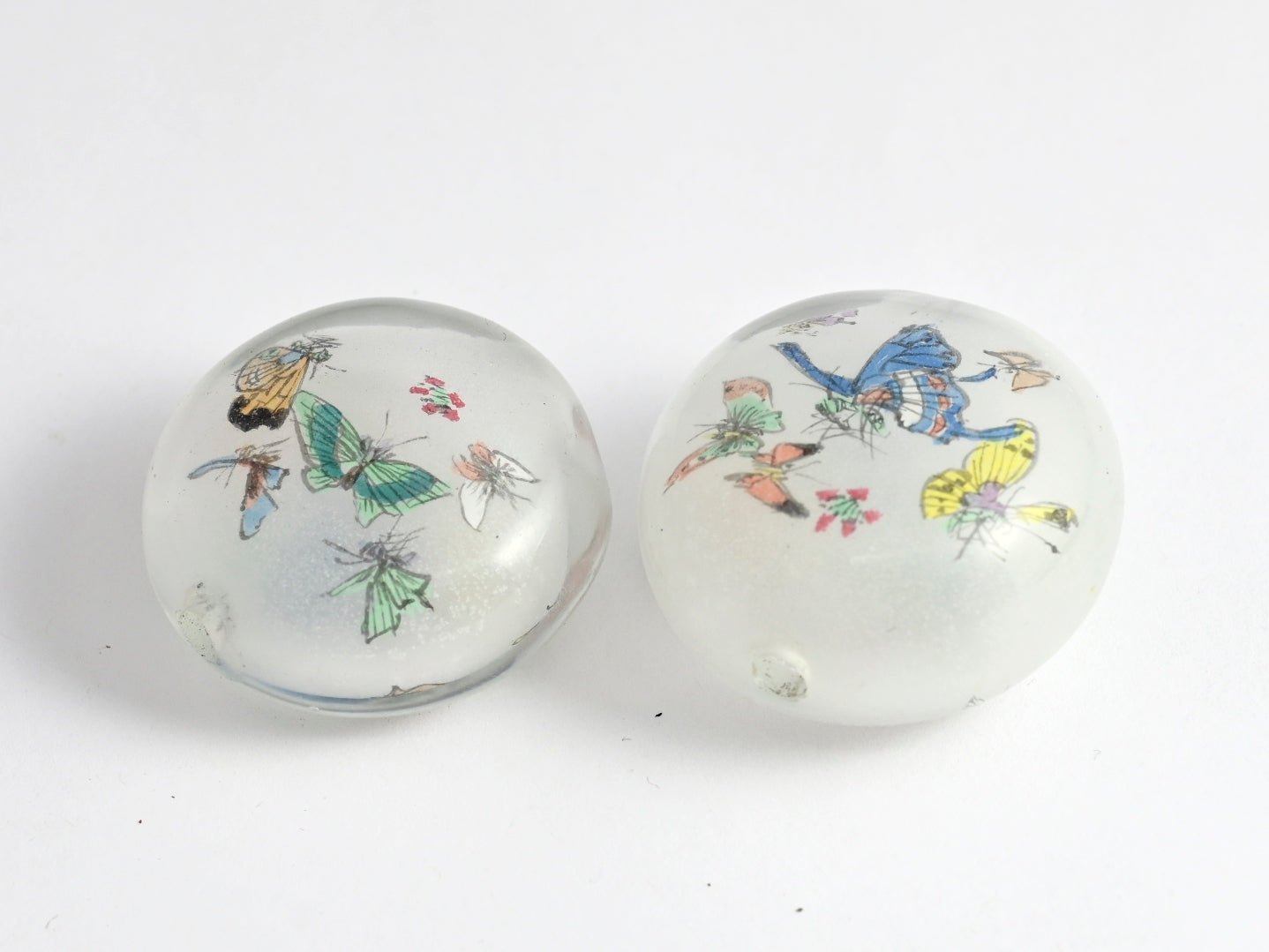 Reverse Painted Glass Pancake Beads Crane & Floral or Butterflies