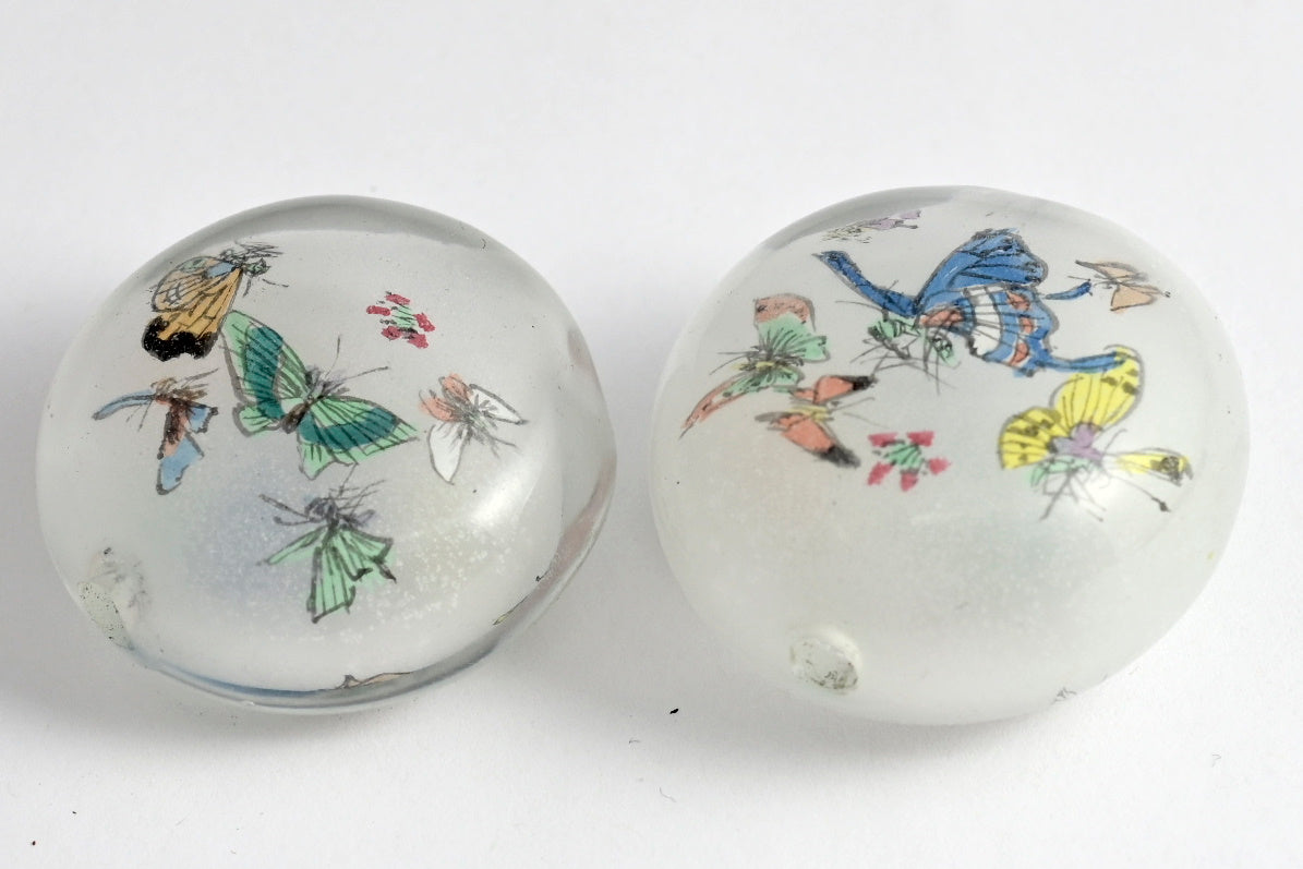 Reverse Painted Glass Pancake Beads Crane & Floral or Butterflies
