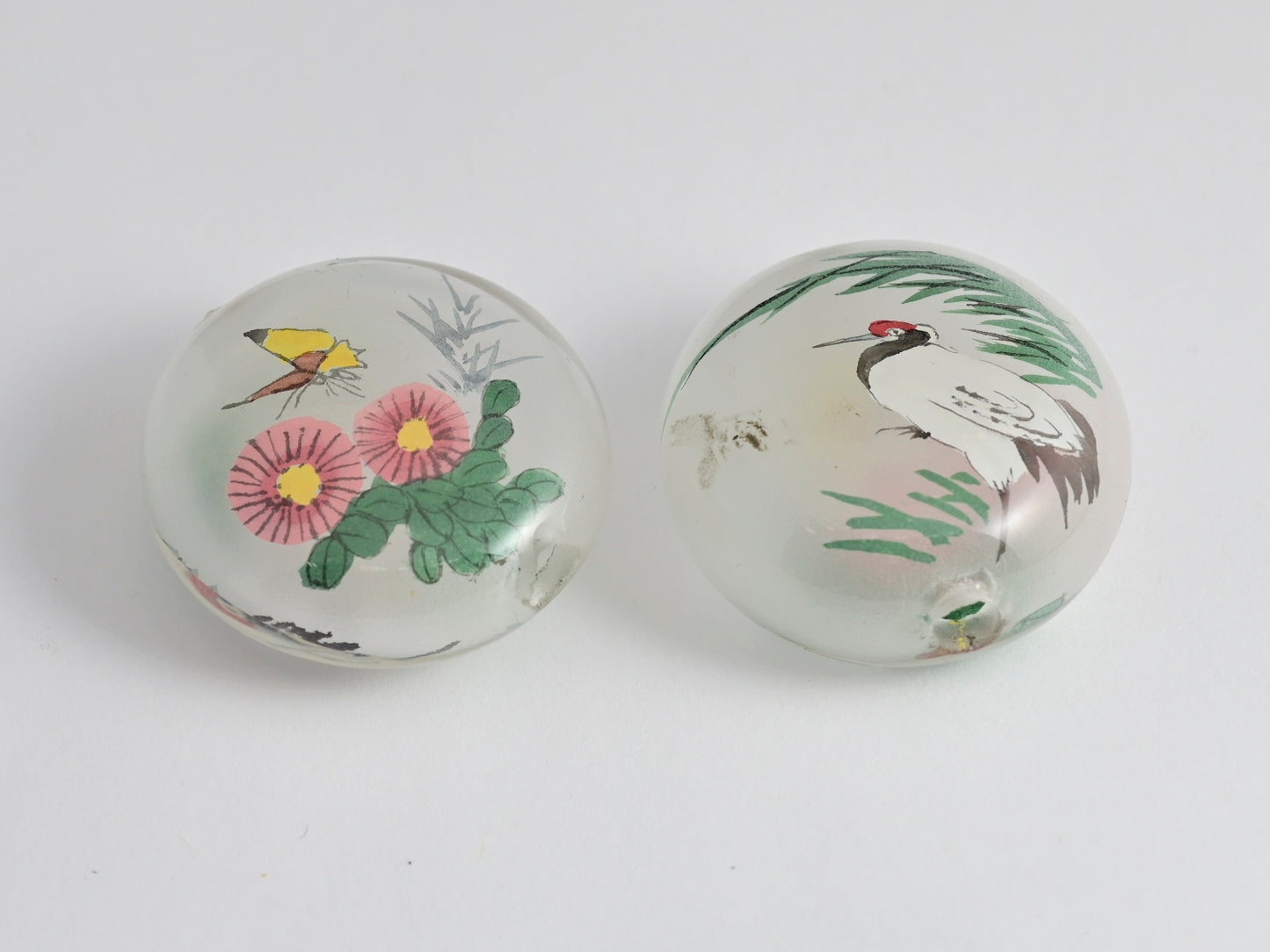 Reverse Painted Glass Pancake Beads Crane & Floral or Butterflies