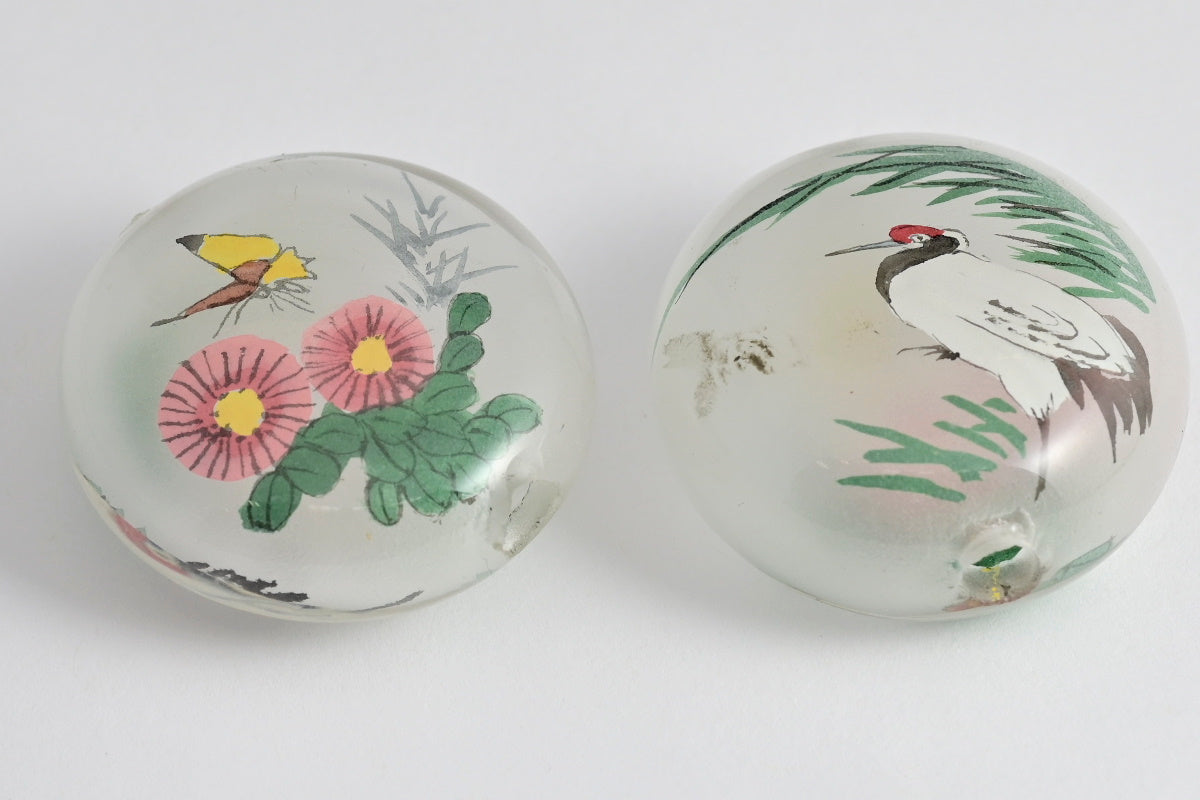 Reverse Painted Glass Pancake Beads Crane & Floral or Butterflies