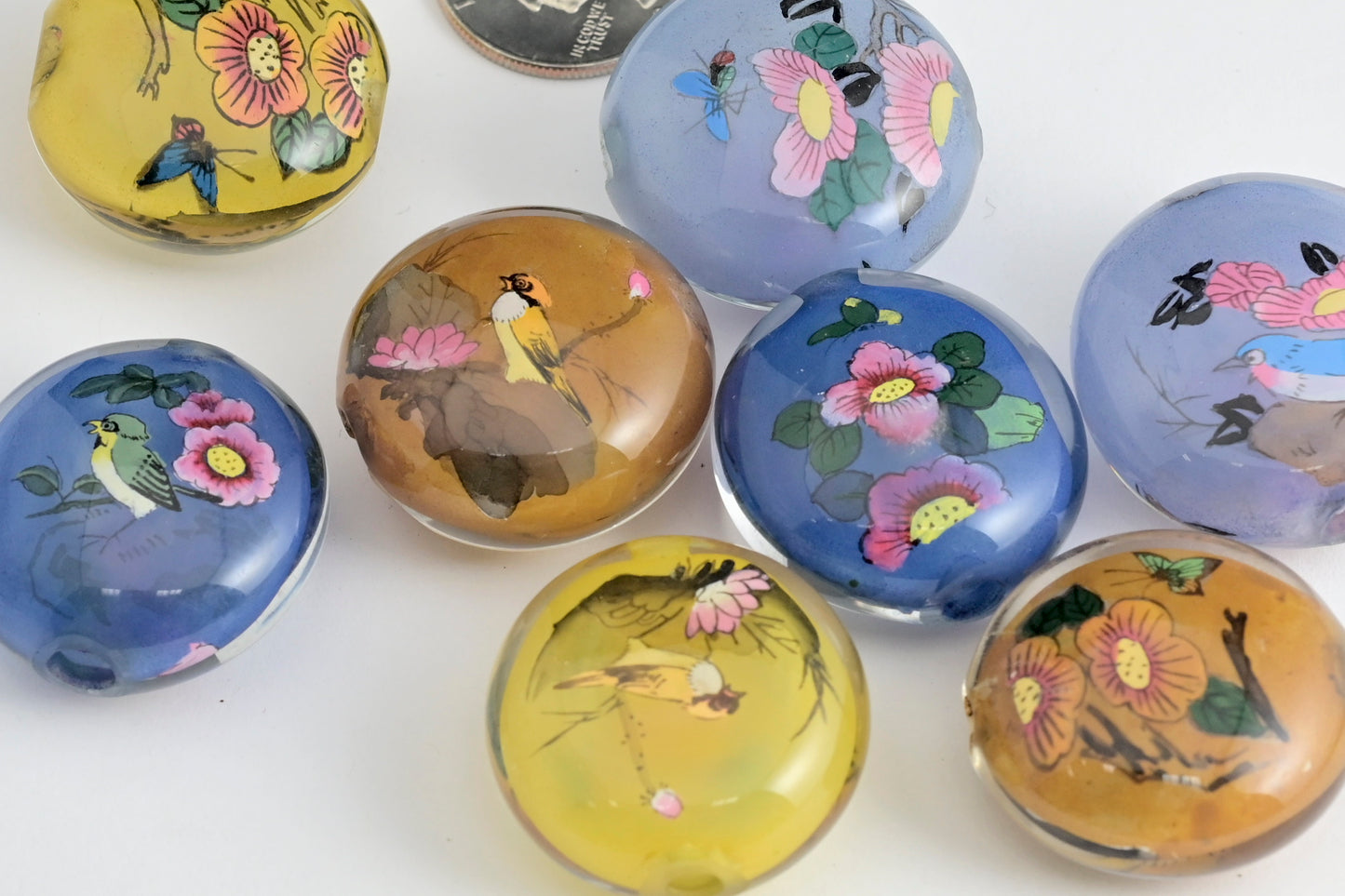 Bird and Flower Reverse Painted Glass pancake Beads 4 colors