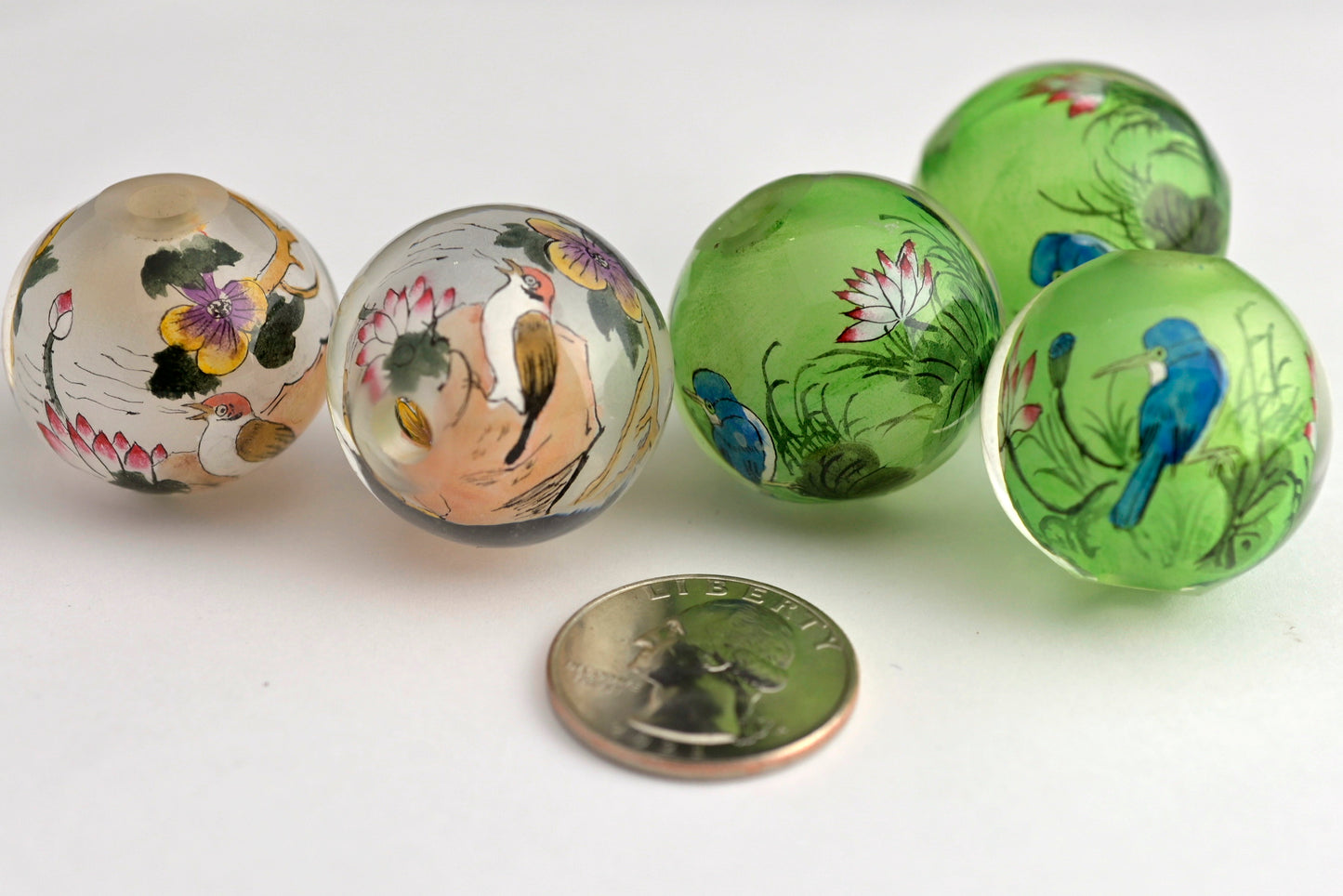 Bird Reverse Painted Glass Round Beads  - 2 Colors