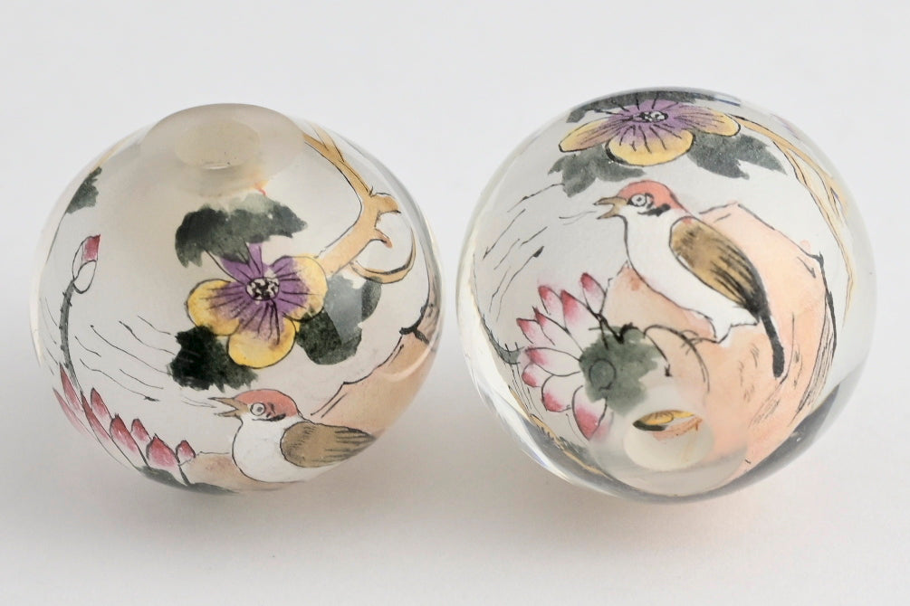 Bird Reverse Painted Glass Round Beads  - 2 Colors