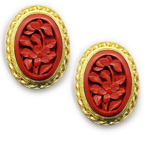 Flower Cinnabar Rim Clip On Earrings