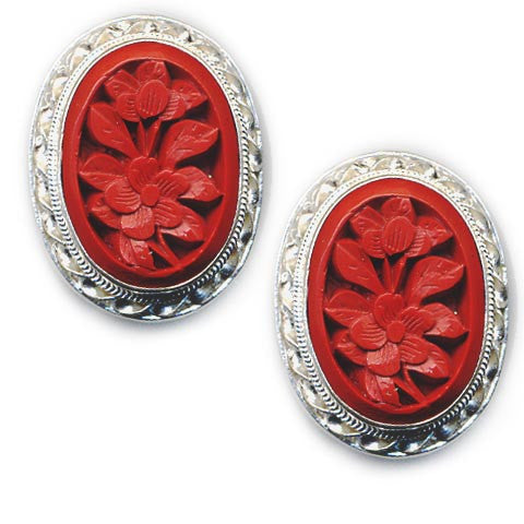 Flower Cinnabar Rim Clip On Earrings