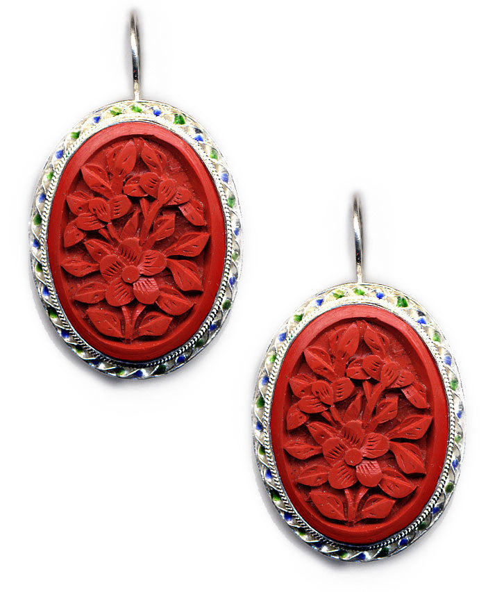 Flower Cinnabar Enamel Rim Hook Earrings