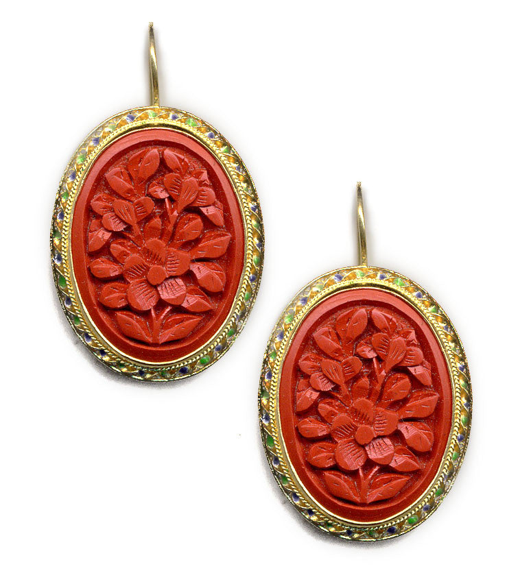 Flower Cinnabar Enamel Rim Hook Earrings