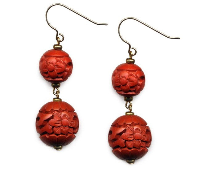 Cinnabar Dual Floral Bead Hook Earrings