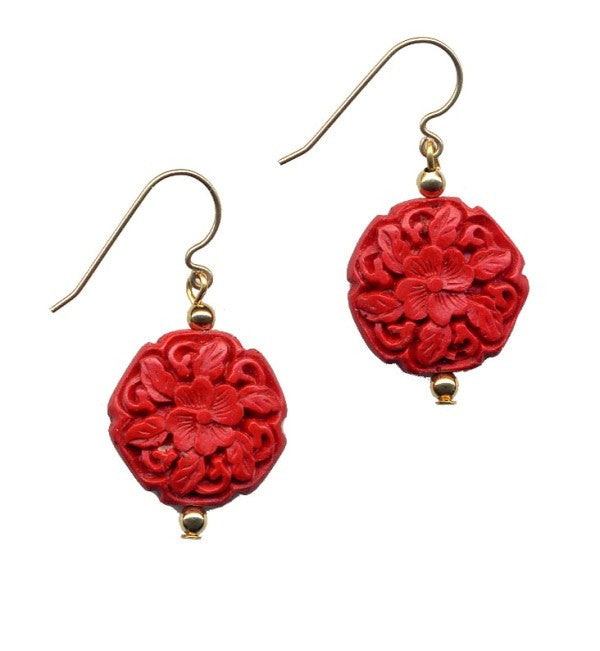 Cinnabar Floral Hexagon Hook Earrings