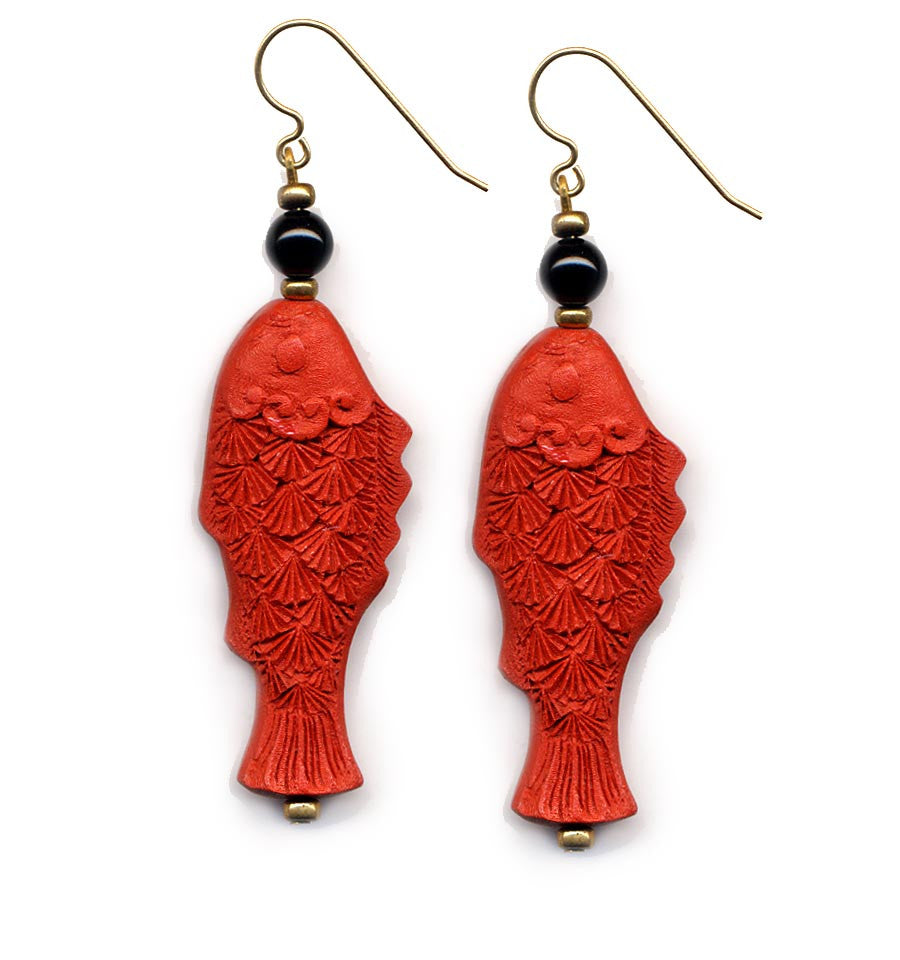 Cinnabar Fish Onyx Hook Earrings