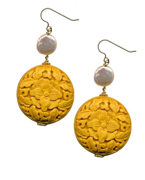 Cinnabar Floral Disc Hook Earrings