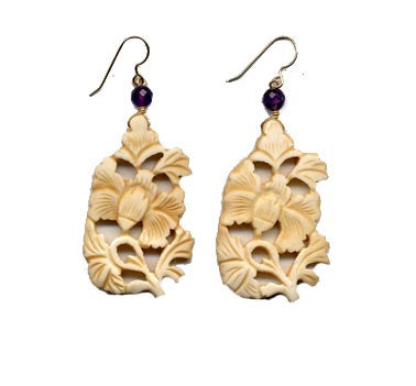 Peony Flower Bone Amethyst Earrings