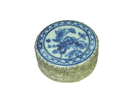 Small Flower Porcelain Top Circular Silver Box