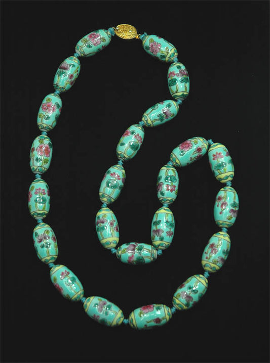 Porcelain Oval Floral Turquoise Necklace