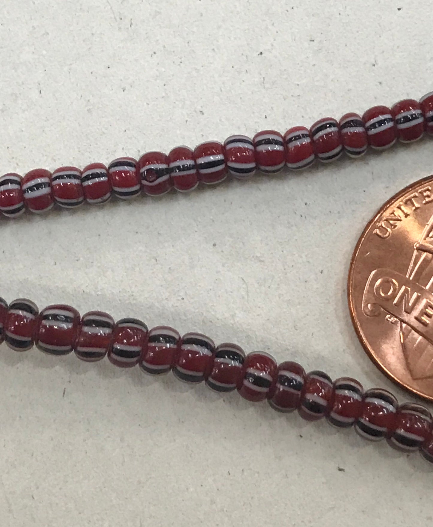 Vintage Brick Red, White and Black Striped Small Ghana Glass Beads BA-A43K