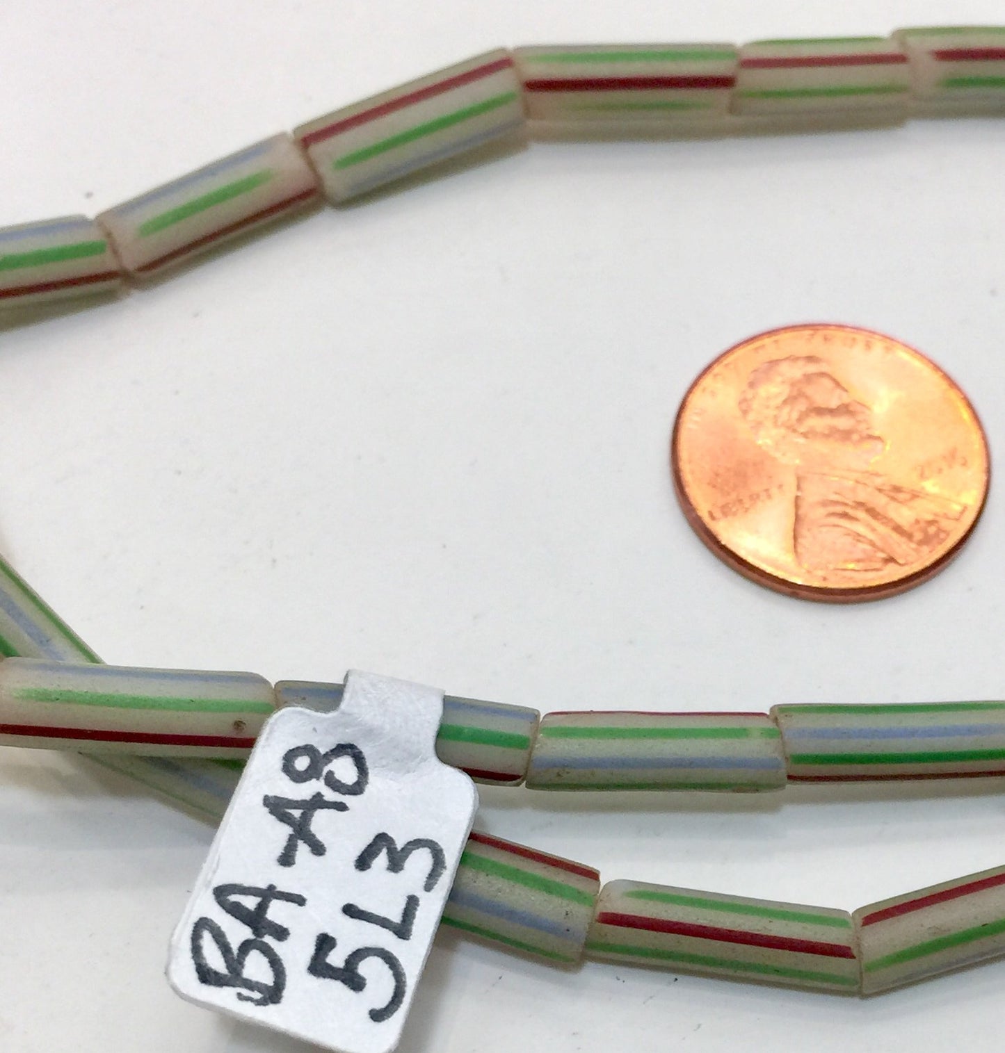 Vintage White with Green, Sky Blue and Brick Red Stripes Small Tubular Ghana Glass Beads