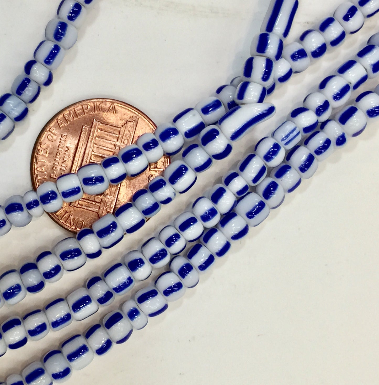 Vintage White with Blue Stripes Small Ghana Glass Beads 5mm, 4mm