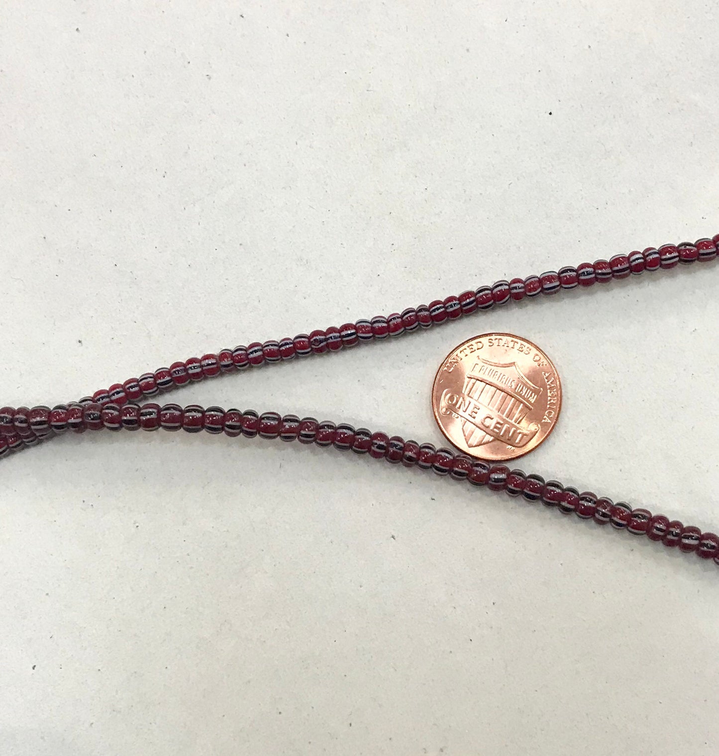 Vintage Brick Red, White and Black Striped Small Ghana Glass Beads BA-A43K