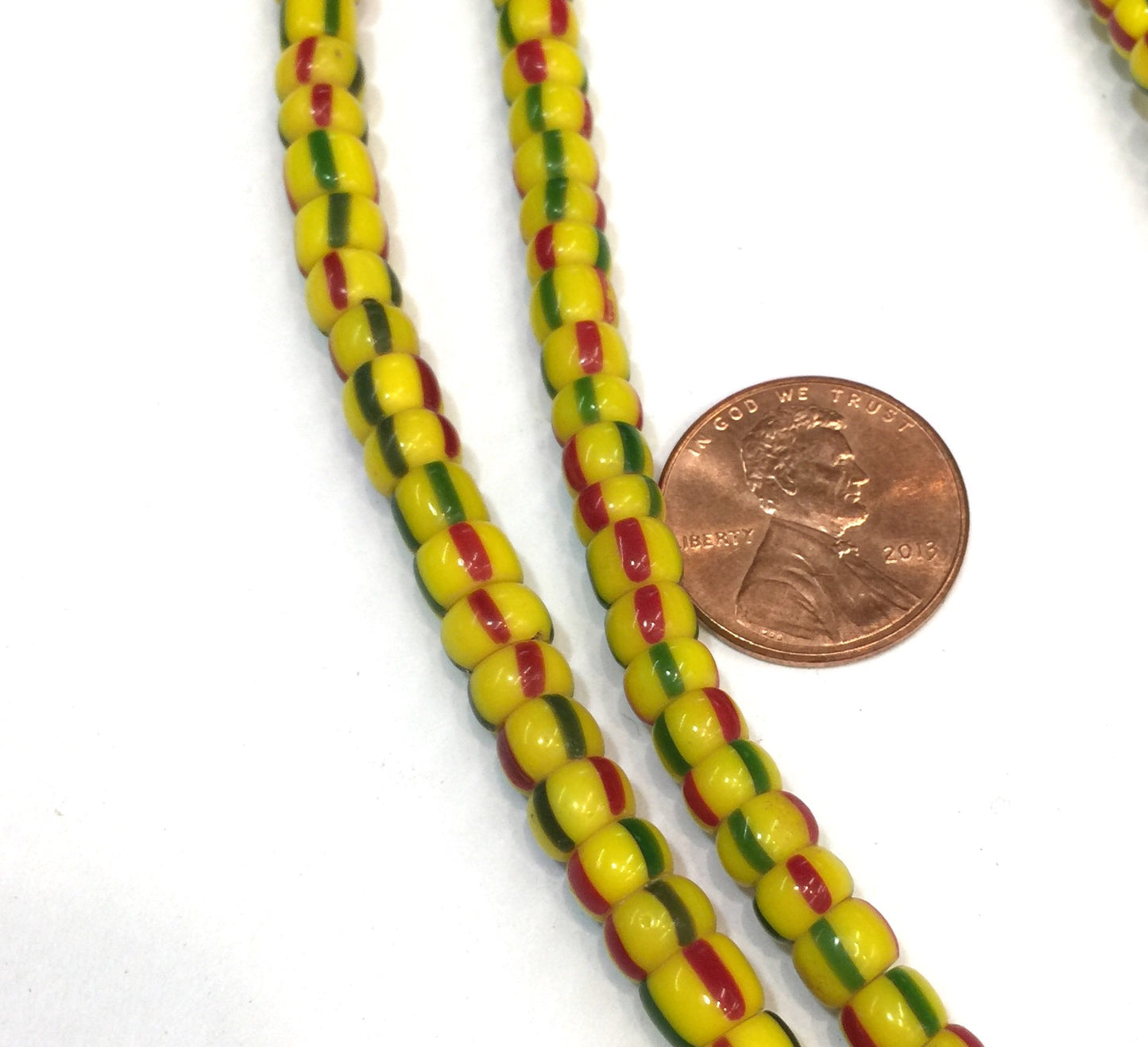 Vintage Yellow with Red & Green Stripes Small Ghana Glass Beads BA-A67