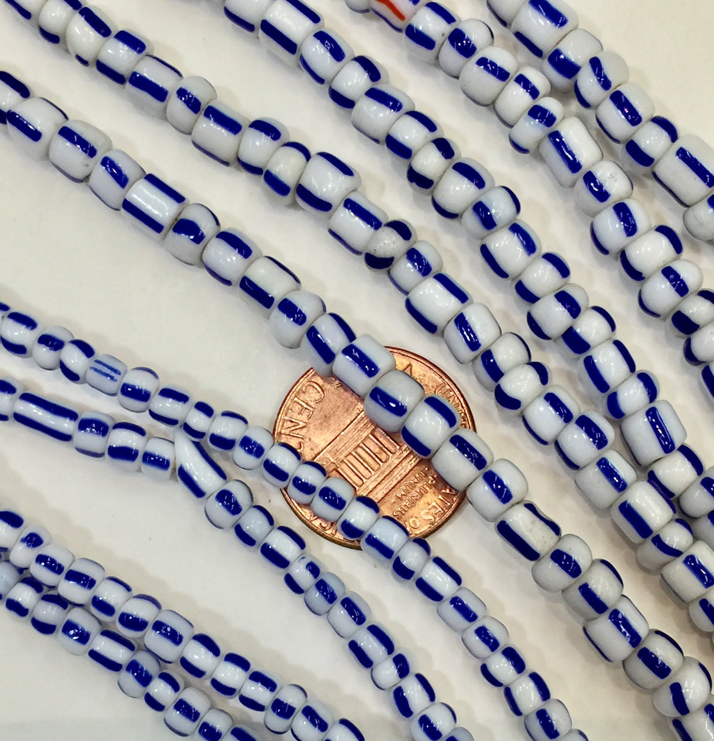 Vintage White with Blue Stripes Small Ghana Glass Beads 5mm, 4mm