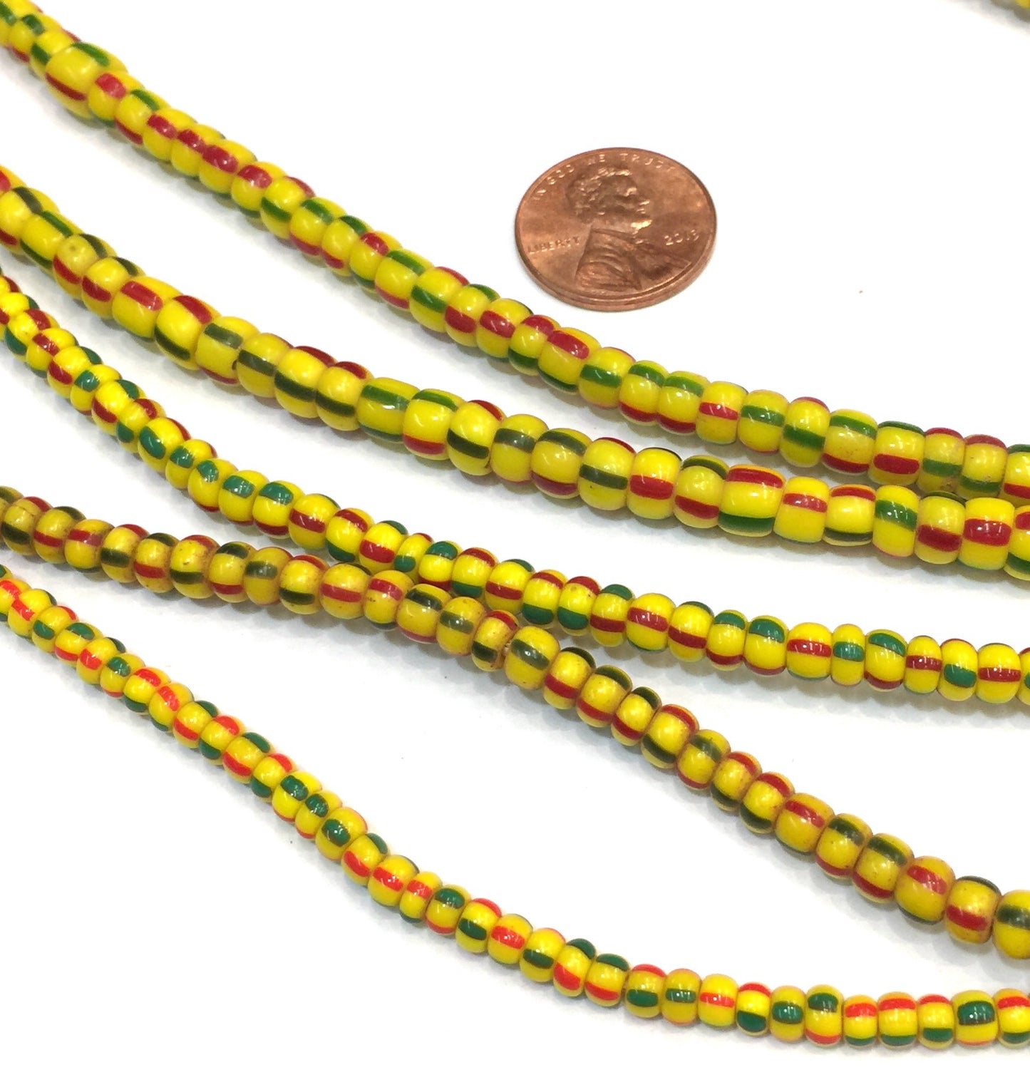 Vintage Yellow with Red & Green Stripes Small Ghana Glass Beads BA-A67