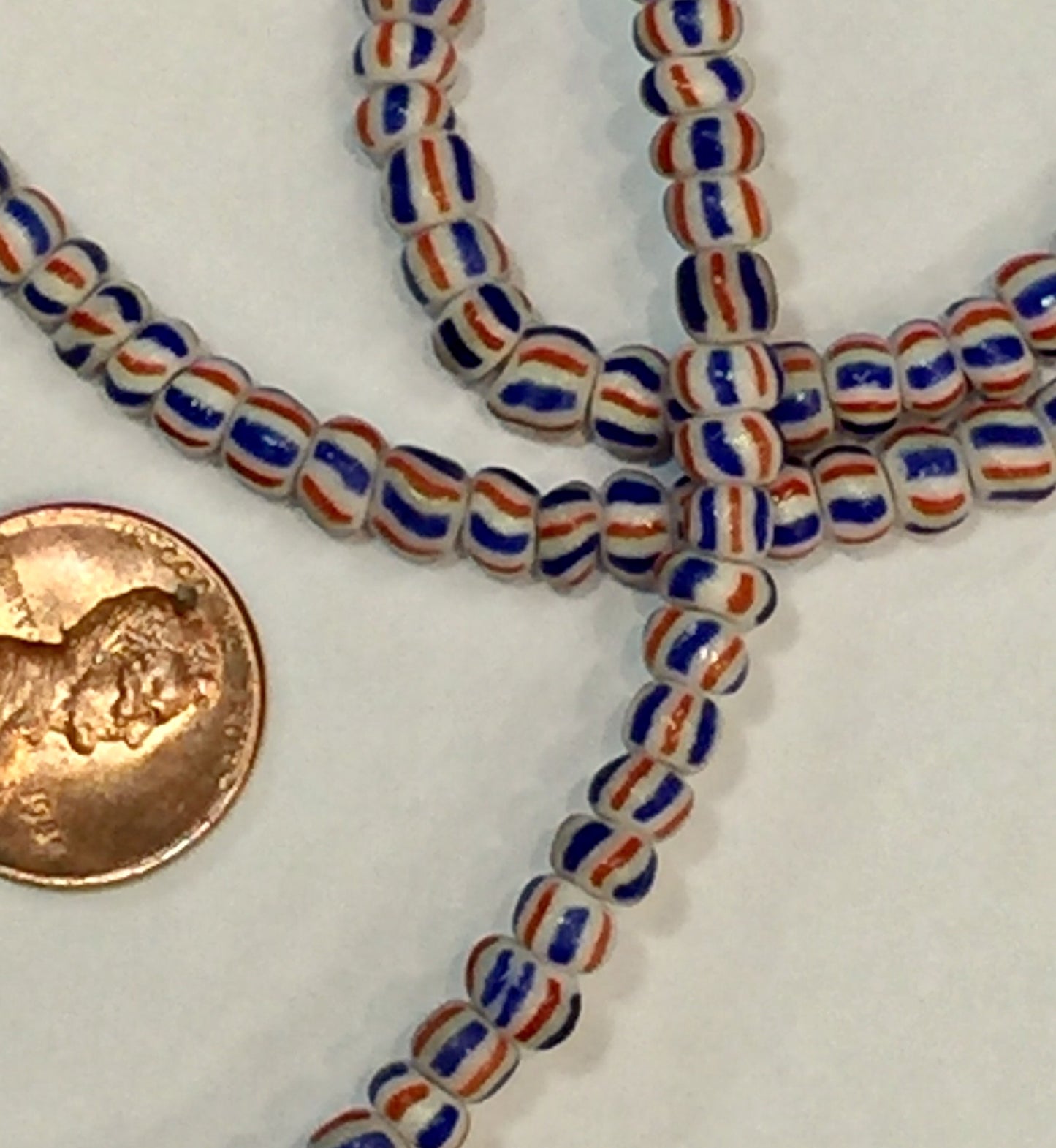 Vintage Red White & Blue Striped Small Ghana Glass Beads BA-A6RWB