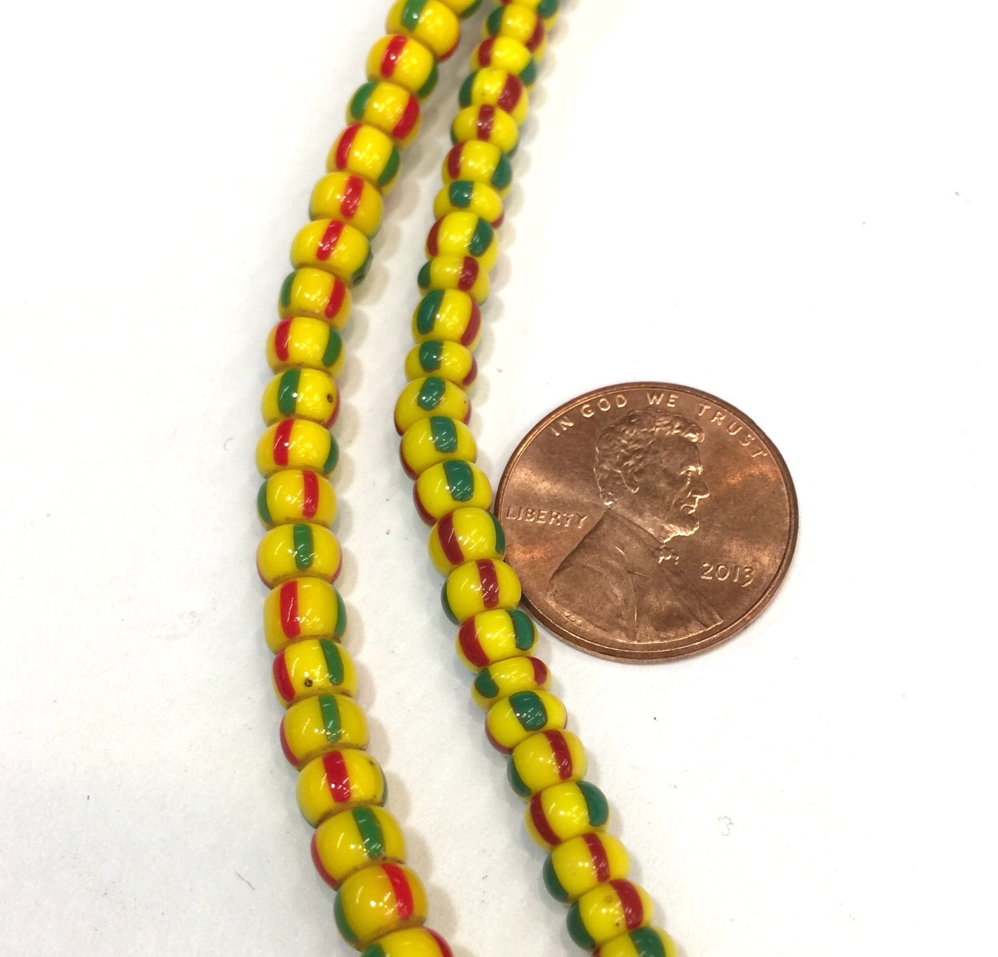 Vintage Yellow with Red & Green Stripes Small Ghana Glass Beads BA-A67