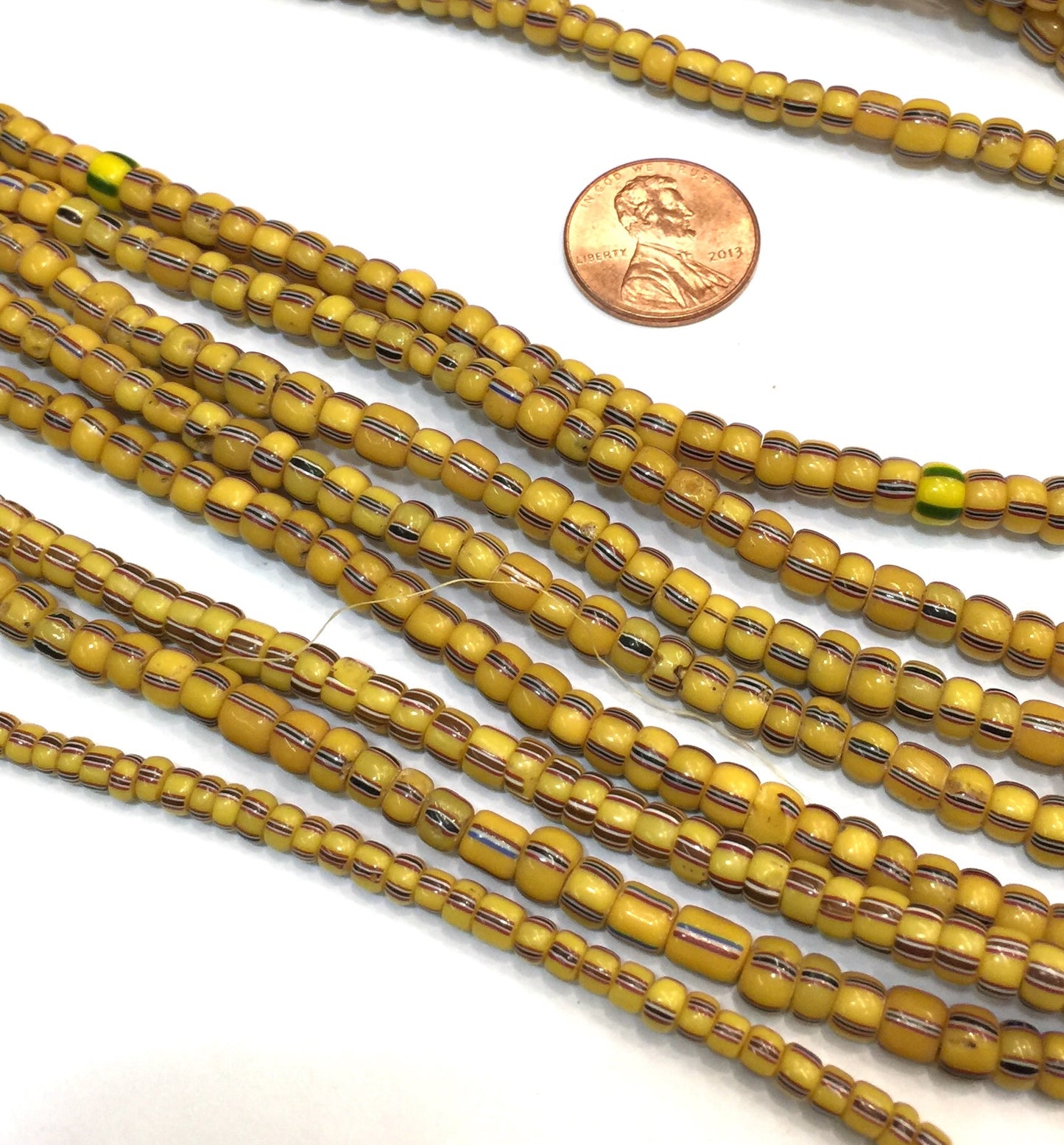 Vintage Yellow with Red White & Blue Striped Small Ghana Glass Beads BA-A103D