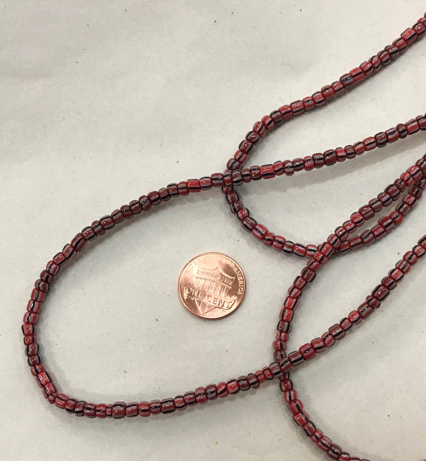 Vintage Plum Red, White and Black Striped Small Ghana Glass Beads BA-A43KR