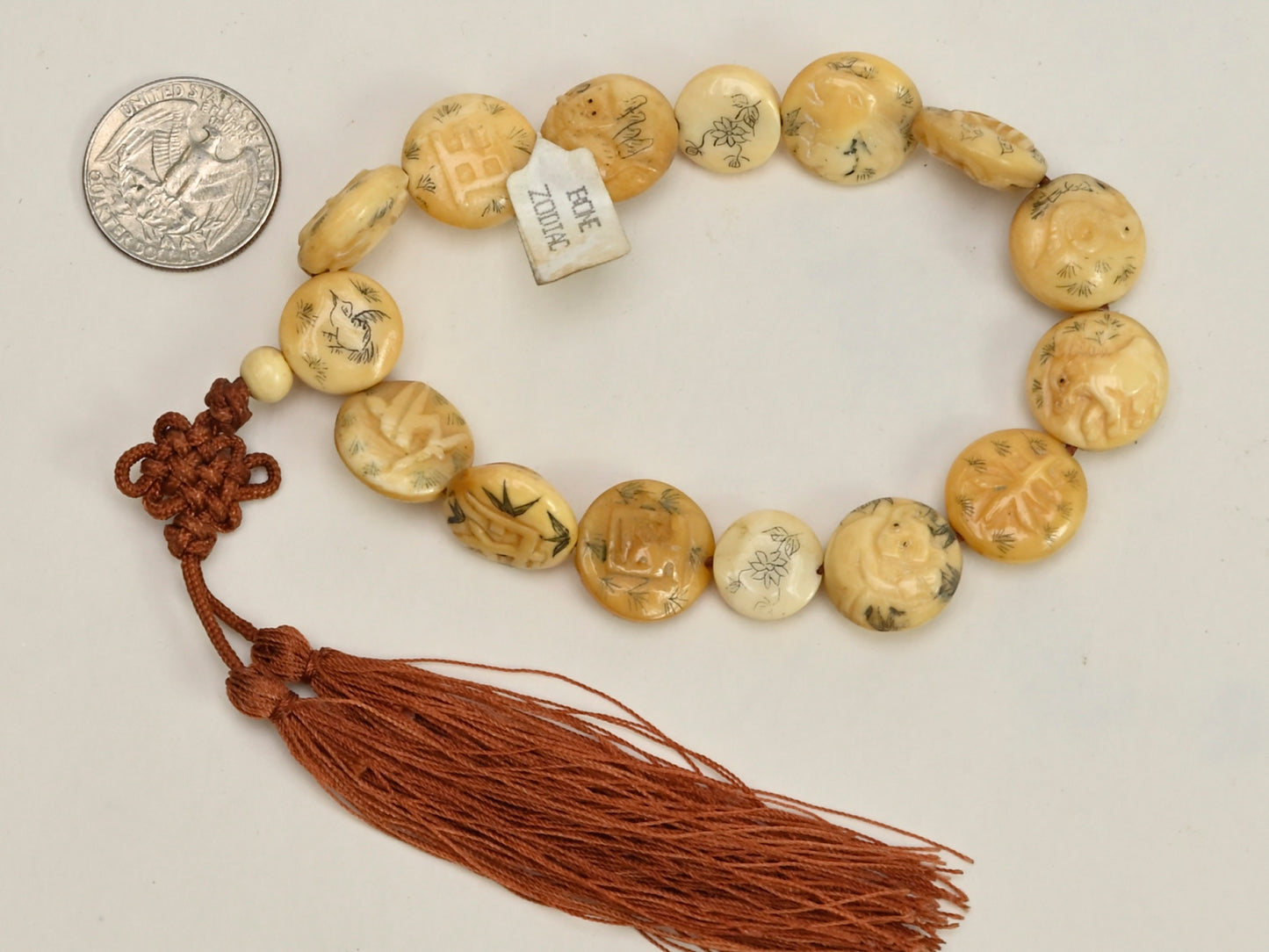 Chinese Zodiac Carved Bone Disc Beads Rosary BBE219Z
