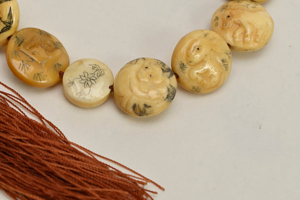 Chinese Zodiac Carved Bone Disc Beads Rosary BBE219Z