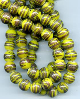 12mm Canary Yellow and Gold Striped Glass Beads BGH738