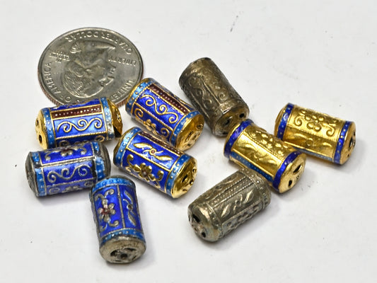 Bead Enamel Tube Gold or Silver Plated, Floral Motifs with Coin Design Cut Out 10x18mm