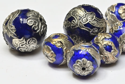 Bead Metal Blue Enamel Silver Plated Round Dragon