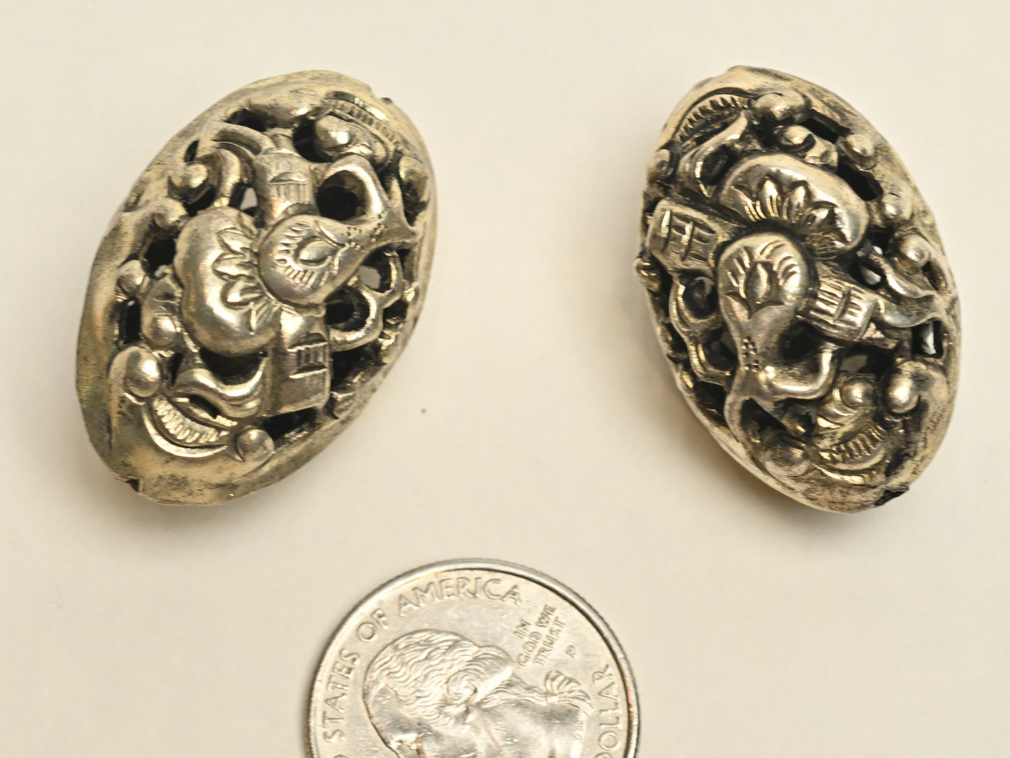 Silver Plated Oval Bead with Immortal Symbols  BM74  1-3/8"