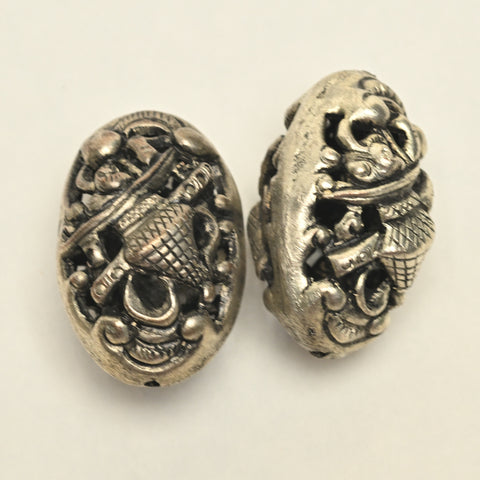 Silver Plated Oval Bead with Immortal Symbols  BM74  1-3/8"
