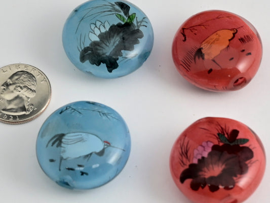 Bird Reverse Painted Glass Pancake Beads  - 2 Colors