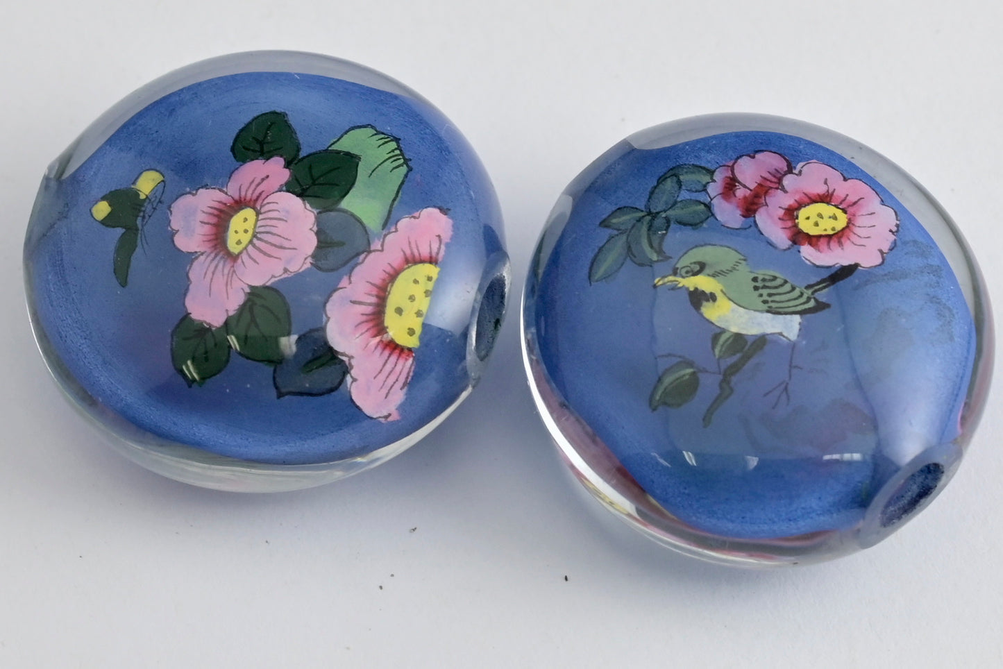 Bird and Flower Reverse Painted Glass pancake Beads 4 colors
