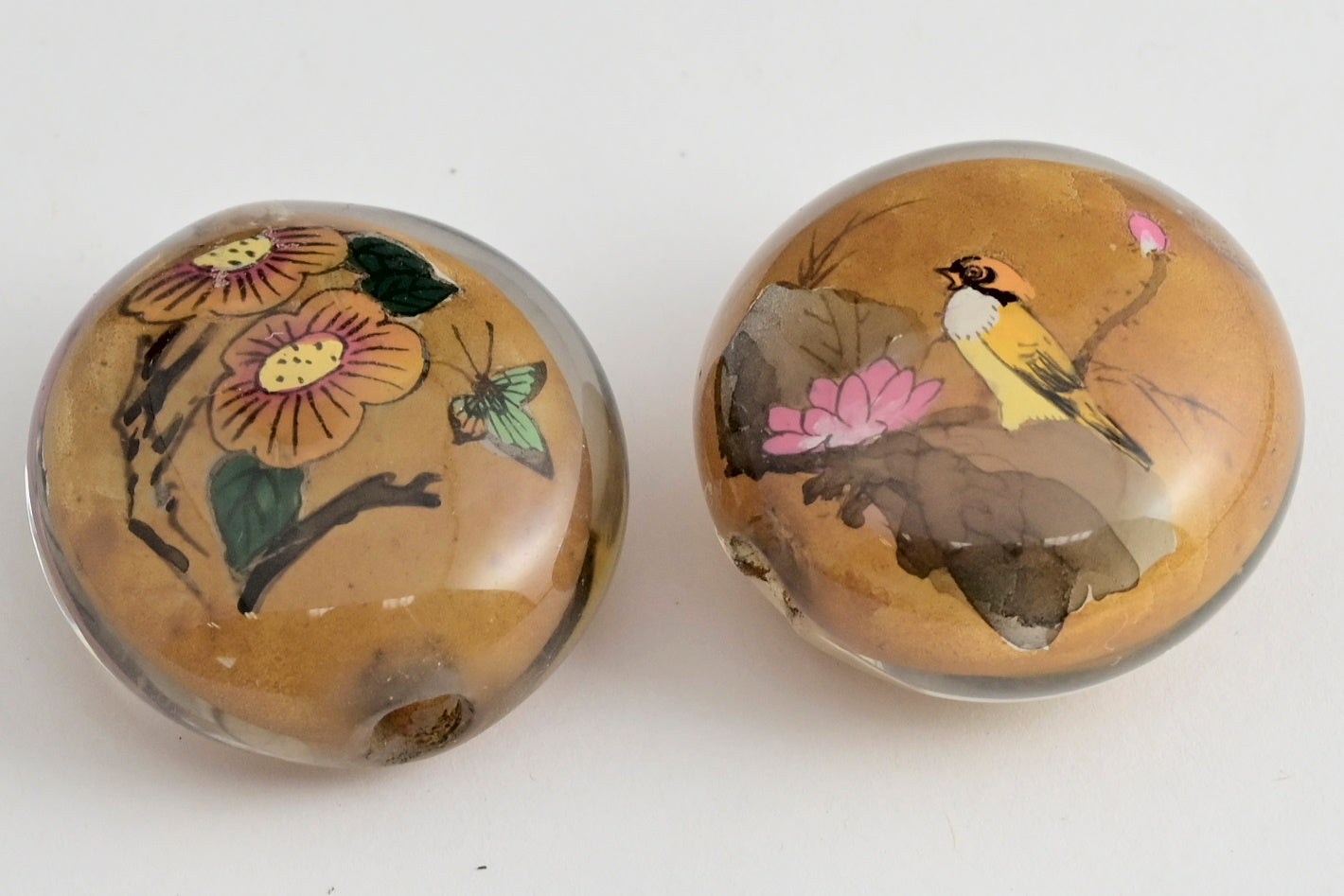Bird and Flower Reverse Painted Glass pancake Beads 4 colors