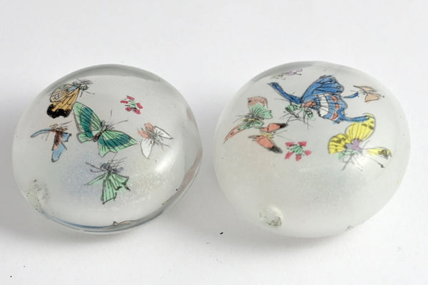 Reverse Painted Glass Pancake Beads Crane=Floral and Butterflies