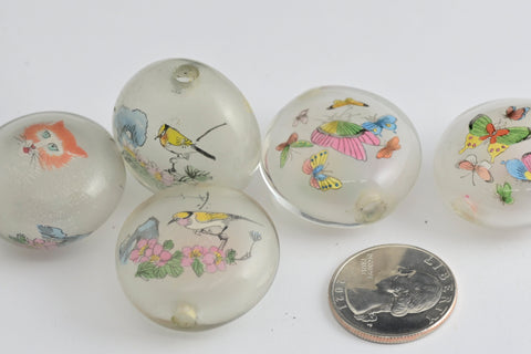 Reverse Painted Glass Pancake Beads Cat-Bird and Butterflies