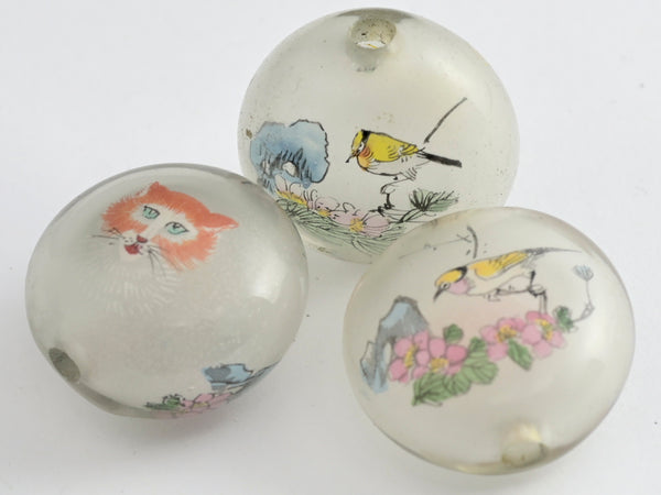 Reverse Painted Glass Pancake Beads Cat-Bird and Butterflies